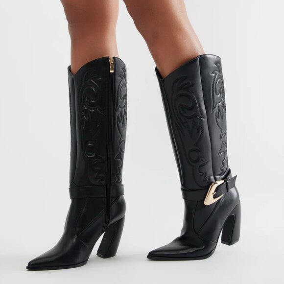 NWT Cowboy cowgirl boots size 7 black with gold buckle and embroidery - Picture 2 of 6